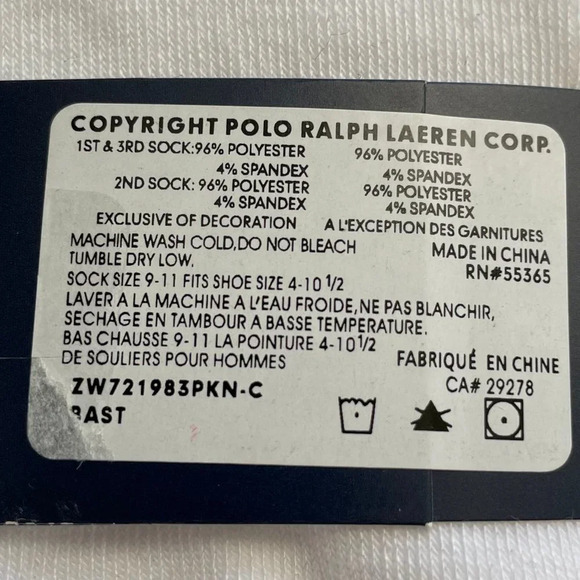 Polo Ralph Lauren 3 Pairs Polyester Spdex Socks Blk Wht Multi Color Logo OS NWT - Picture 6 of 7